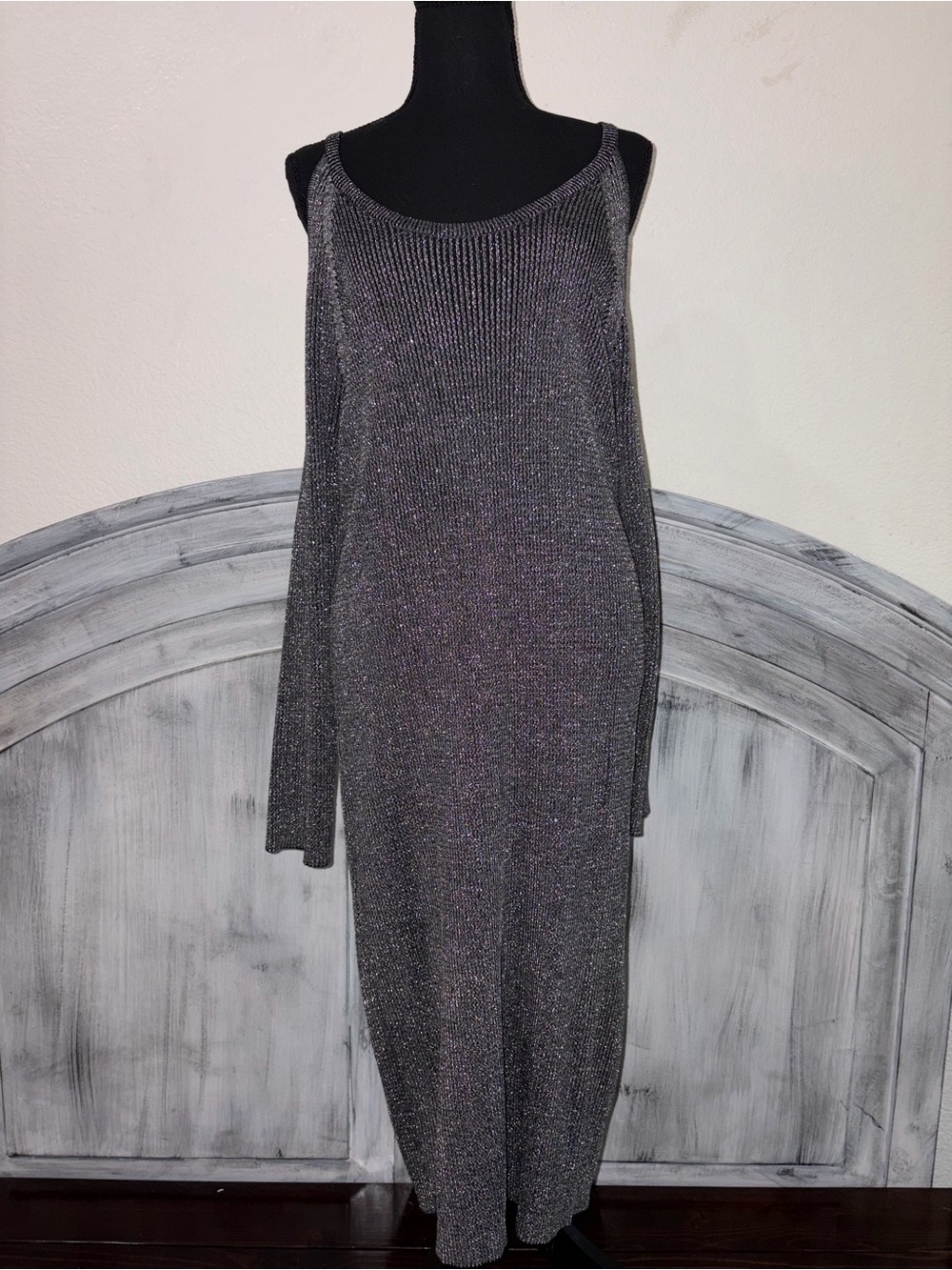 Pink Rose Charcoal Metallic Cold-Shoulder Long-Sleeve Dress